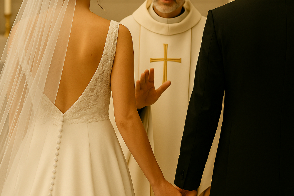 Et vakkert nærbilde av et brudepar under seremonien. Bruden holder en blomsterbukett med lyserosa og hvite blomster, mens brudgommen står ved siden av, kledd i en lys dress. I bakgrunnen skimtes gjester og grønt løvverk, som gir bildet en varm og høytidelig atmosfære. Foto.